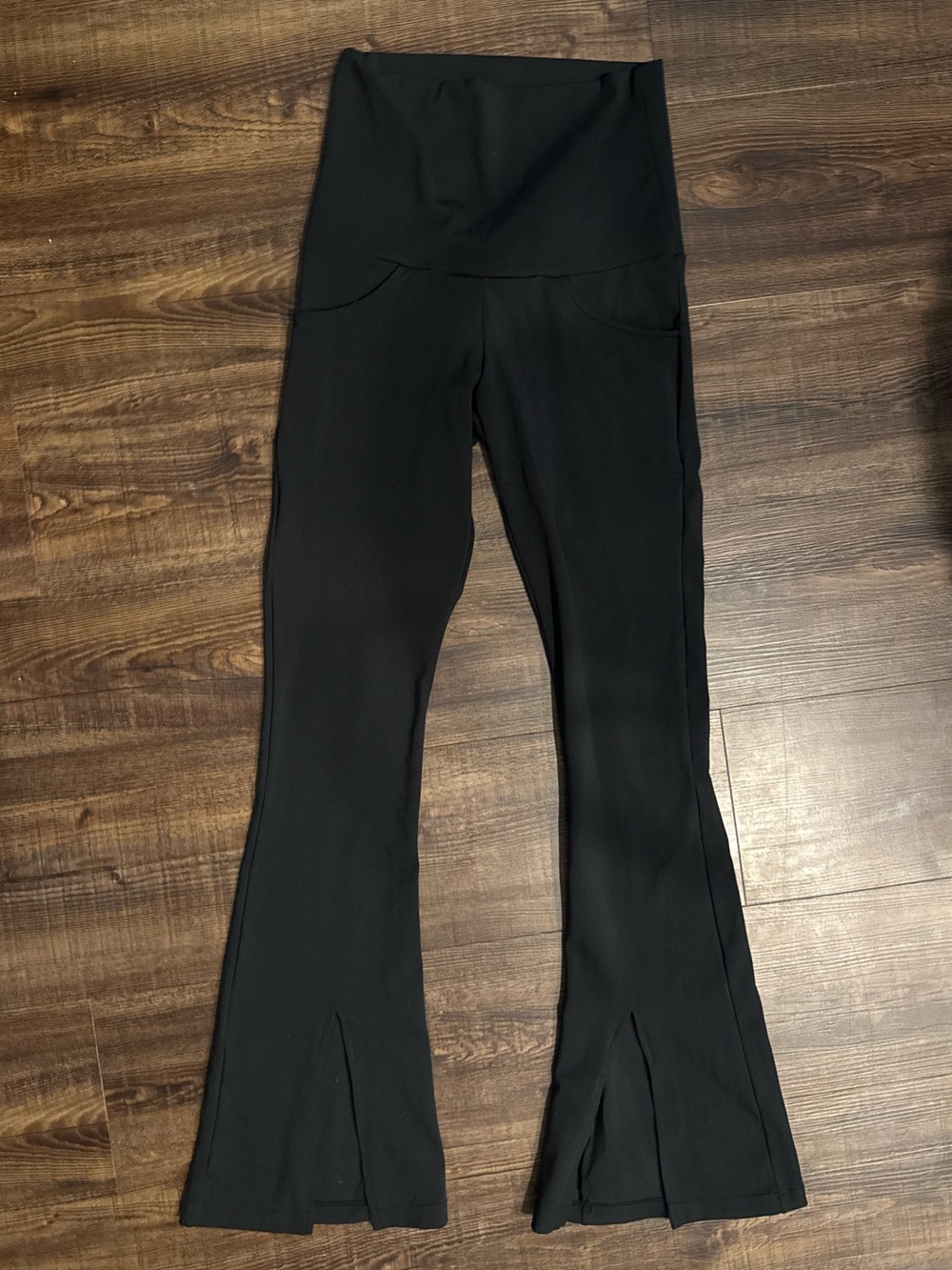 Black High-Rise Flared Yoga Pants with Front Slits